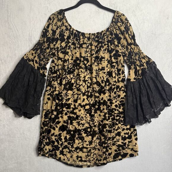 Joseph Ribkoff Tops - Joseph Ribkoff Tunic Womens‎ 8 Taupe Sheer Velvet Festival Lace Bell Sleeve